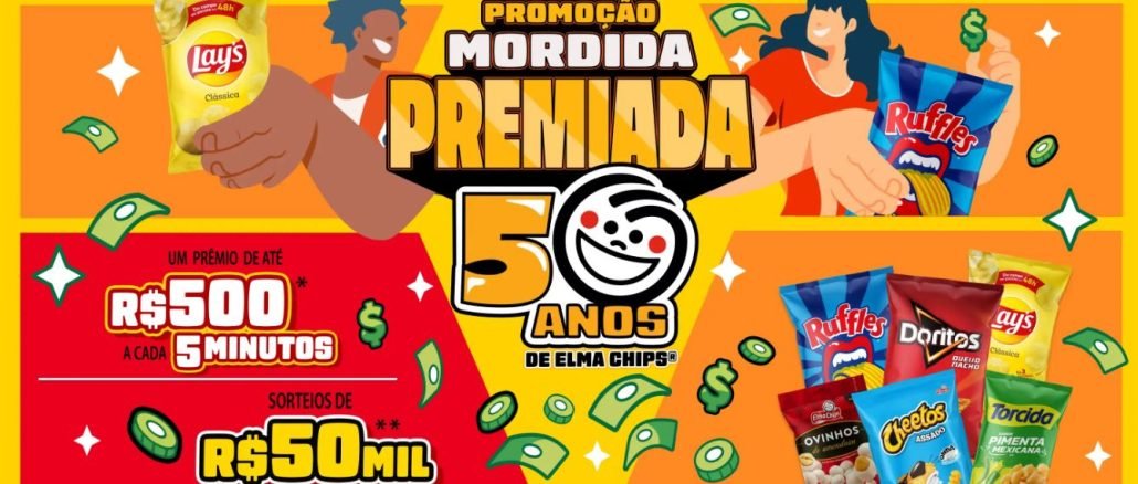 Banner promocional da Elma Chips celebrando 50 anos com a "Promoção Mordida Premiada". O banner apresenta um fundo amarelo vibrante, pessoas felizes segurando salgadinhos, e destaca prêmios em dinheiro de até R$ 500 a cada 5 minutos e sorteios de R$ 50 mil. Diversas marcas de salgadinhos como Lay's, Ruffles e Doritos são exibidas.