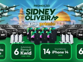 Anúncio da promoção Ultraprêmio da Sidney Oliveira, com os prêmios em destaque: viagens para Terra Santa e Fátima, carros Renault Kwid, iPhones 14 e consoles Playstation 5.
