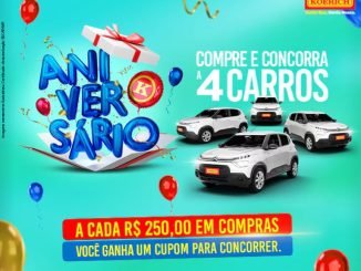 Banner com a arte, logotipo e prêmios da Aniversário Lojas Koerich Santa Catarina