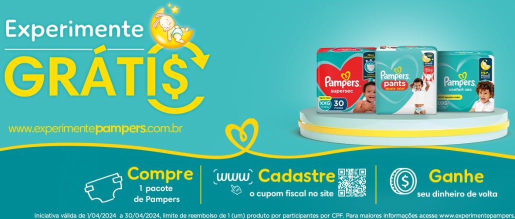 Experimente Grátis Fraldas Pampers, até 80 reais de Cashback! Banner da campanha "Experimente Grátis Fraldas Pampers"