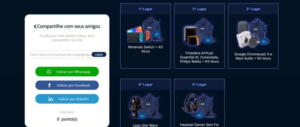 Indique Curso Grátis Imersão Inteligência Artificial Google Gemini e Alura e Concorra Página com informações sobre a promoção, premiação e como participar.
