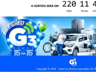 Banner do site da Promoção Aniversário 15 anos G3 Telecom Maranhão e Piauí, com informações, mecânica e prêmios da campanha.