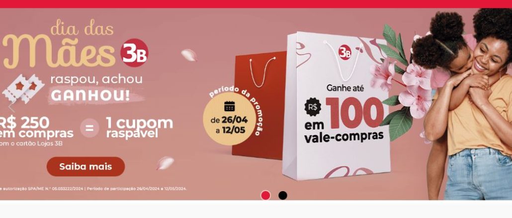 Promoção Dia das Mães Lojas 3B Rio de Janeiro Raspou, Achou, Ganhou! Tela do site da Promoção Dia das Mães Lojas 3B Rio de Janeiro: Raspou, Achou, Ganhou!