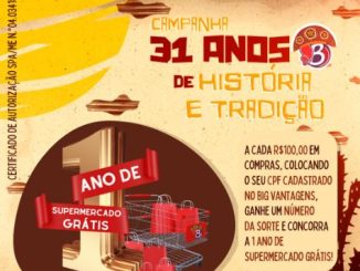 Anúncio da campanha promocional do Baratão Supermercado em comemoração aos seus 31 anos. A cada R$100 em compras, ganhe um número da sorte para concorrer a 1 ano de supermercado grátis. Informe seu CPF cadastrado no Big Vantagens.