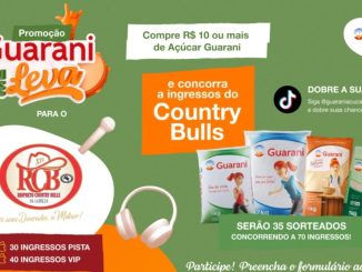 Anúncio da promoção "Guarani me leva" para o Country Bulls. Compre R$10 em açúcar Guarani, preencha o formulário e concorra a 70 ingressos. Siga @guaraniacucaroficial no TikTok e dobre suas chances.