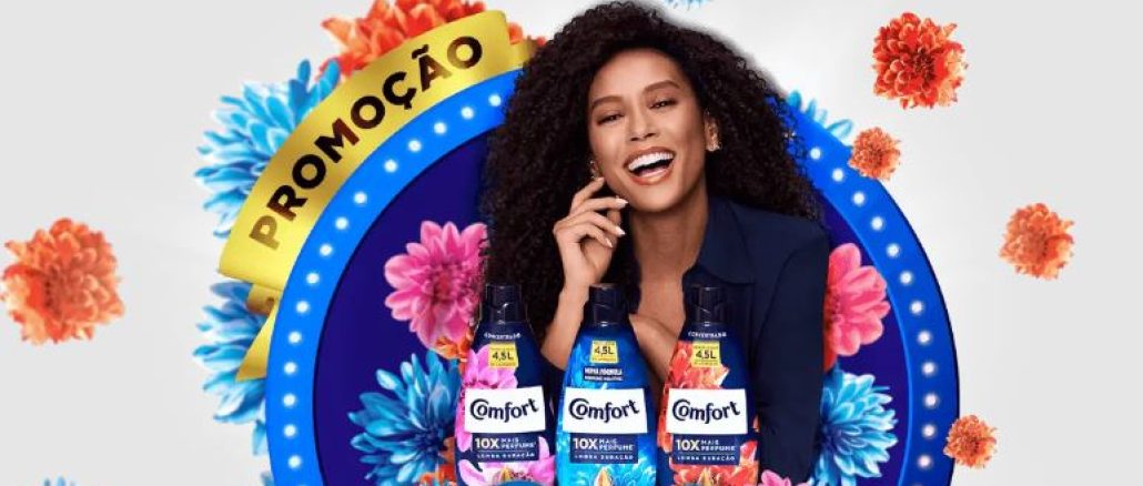 Promoção Comfort 10x mais chances de ganhar com Taís Araújo Tela do site da Promoção Comfort 10x mais chances de ganhar com Taís Araújo ao centro da image, juntamente com produtos (amaciantes de roupas) da marca.