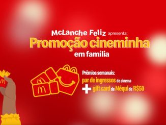 Uma imagem promocional do McDonald's com várias mãos segurando prêmios de cinema, como ingressos e um gift card, além de produtos do McDonald's, como McLanche Feliz, batatas fritas e milk-shake. O fundo é vermelho e o logotipo do McDonald's está no topo.