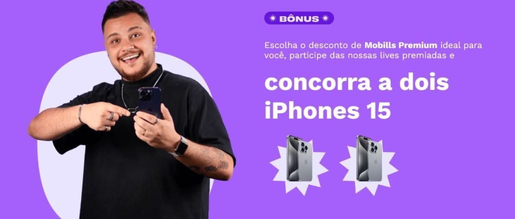 Sorteio de Aniversário Mobills 2024 Concorra 2 iPhones Tela da Promoção Sorteio de Aniversário Mobills 2024