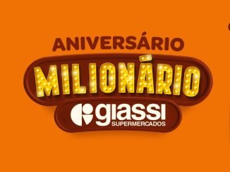 Anúncio do Aniversário Milionário do Giassi Supermercados, com 1 milhão de reais em prêmios. 170 sorteios de R$ 5 mil em compras, 1 ganhador de R$ 50 mil e 1 ganhador de R$ 100 mil.