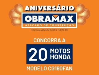 Anúncio de aniversário da Obramax com fundo laranja e texto azul e branco. A promoção oferece a chance de ganhar 20 motos Honda CG160FAN e é válida de 20/06 a 14/07/2024.