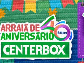Anúncio promocional do 40º aniversário do Centerbox Supermercados, com uma promoção de festa junina que oferece a chance de ganhar R$100 mil e 80 vales-compra de R$500.