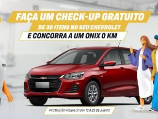 Anúncio da Chevrolet oferecendo check-up gratuito de 30 itens e a chance de ganhar um Onix 0 km. Promoção válida de 13 a 23 de junho.