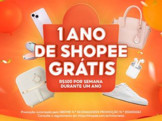 Uma imagem promocional da Shopee com fundo laranja, balões e confetes. A frase "1 ANO DE SHOPEE GRÁTIS" está em destaque, seguida de "R$500 POR SEMANA DURANTE UM ANO". Diversos produtos como celular, bolsa, fone de ouvido, tênis e fritadeira elétrica estão espalhados pela imagem.