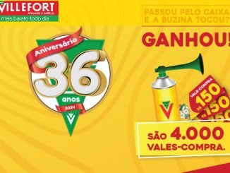 Imagem promocional do aniversário de 36 anos do Villefort Atacado e Varejo. A promoção consiste em um sorteio de 4.000 vales-compra de R$150. Os clientes que passarem pelo caixa e a buzina tocar serão os ganhadores.