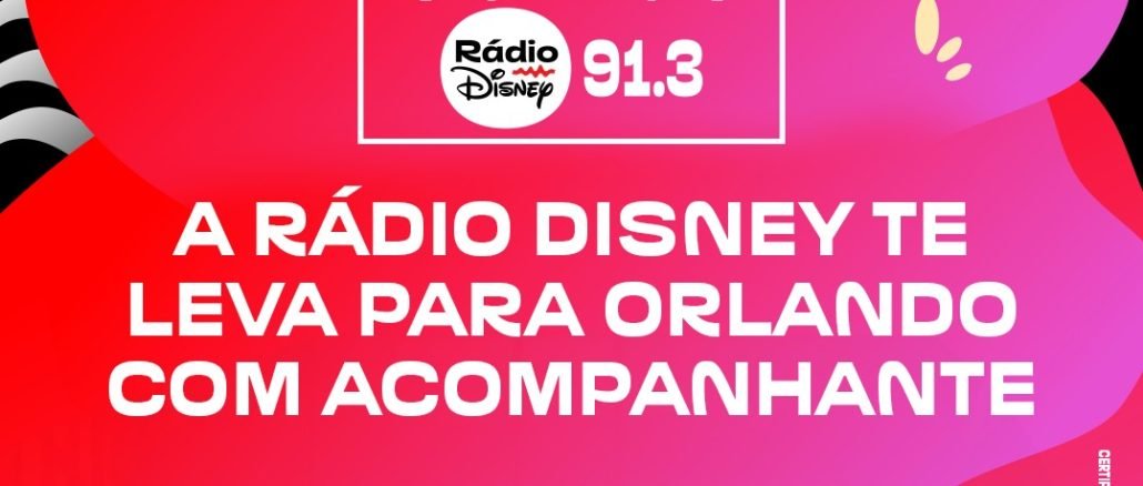 Promoção Avião da Rádio Disney em Orlando Anúncio da Rádio Disney 91.3 promovendo um concurso cultural com um prêmio de viagem para Orlando com acompanhante. O anúncio inclui os logotipos dos patrocinadores Wizard, Lenovo, Assaí, Tang e Casas Bahia, além de imagens de um avião e do castelo da Disney.