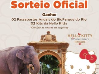Imagem promocional de um sorteio em parceria com a Sanrio, celebrando os 50 anos da Hello Kitty. O prêmio inclui dois passaportes anuais para o BioParque do Rio e dois kits da Hello Kitty. A imagem mostra a Hello Kitty, um elefante e o logo do BioParque do Rio.