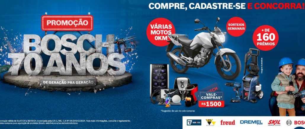Promoção Bosch 70 anos Uma imagem promocional da Bosch celebra 70 anos com uma promoção que oferece mais de 160 prêmios, incluindo motos e vales-compra. A promoção é válida de 01/07/2024 a 30/08/2024.