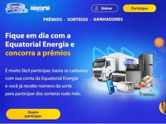 A imagem mostra a página da promoção "Energia em Dia" da Equatorial Energia. Um caminhão carregado de prêmios como geladeiras, fogões e televisores está em destaque. Um botão "Quero participar" convida os clientes a se cadastrarem na promoção.