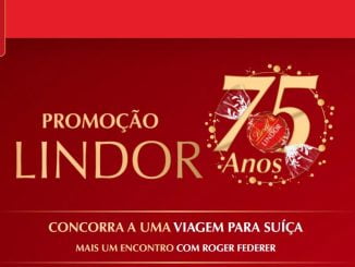 Imagem promocional da Lindt celebrando os 75 anos do chocolate LINDOR. A imagem tem fundo vermelho e texto em branco e dourado, com o logotipo da Lindt no canto superior esquerdo e um bombom LINDOR no centro. A promoção oferece a chance de ganhar uma viagem para a Suíça e um encontro com Roger Federer.