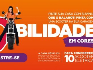 Anúncio da promoção da Suvinil e Balaroti: "Pinte sua casa e concorra a scooters elétricas". Uma mulher sorridente em uma scooter elétrica ilustra a premiação.