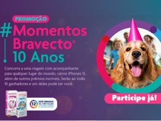Imagem promocional da Bravecto celebrando 10 anos com um sorteio de viagem para qualquer lugar do mundo, iPhones 15 e outros prêmios. Um cachorro feliz usando um chapéu de festa está cercado por imagens de destinos turísticos famosos.