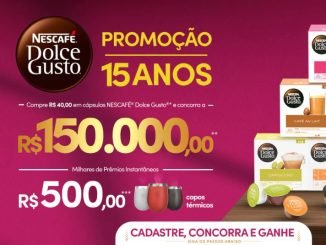 Imagem promocional da Nescafé Dolce Gusto com produtos da marca, como cápsulas de café, máquinas de café e copos térmicos, destacando a promoção de aniversário de 15 anos com prêmios em dinheiro, prêmios instantâneos e copos térmicos.