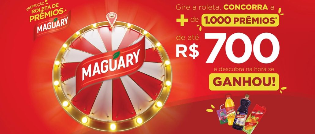 Promoção Roleta de Prêmios Maguary Uma roleta colorida com o logotipo da Maguary e a frase "Roleta de Prêmios" gira em uma tela. Ao lado, há garrafas e caixas de sucos Maguary.