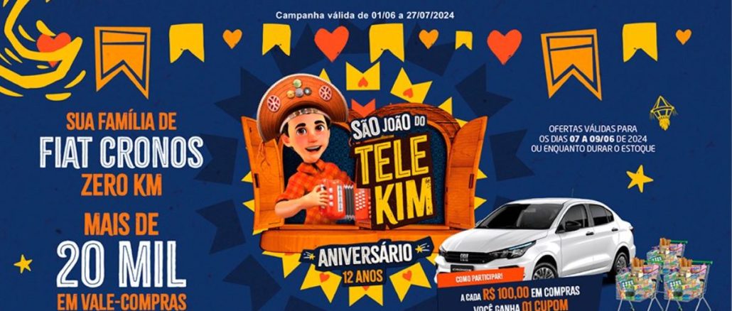 Anúncio do Telefrango Supermercados em Fortaleza celebrando o São João com ofertas imperdíveis e a chance de ganhar prêmios incríveis.