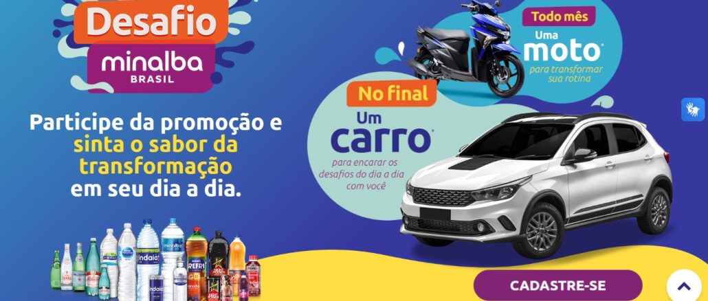 Desafio Minalba Brasil 2024 Sorteio de Motos e Carro 0km Anúncio promocional do Desafio Minalba Brasil, com garrafas e embalagens de água e refrigerantes Minalba e Indaiá, e imagens de uma moto e um carro, que são os prêmios da promoção.