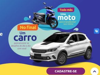 Anúncio promocional do Desafio Minalba Brasil, com garrafas e embalagens de água e refrigerantes Minalba e Indaiá, e imagens de uma moto e um carro, que são os prêmios da promoção.