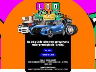Banner da Liquida Campina 2024, uma promoção da CDL Campina Grande. O banner mostra um fundo amarelo com o logotipo da Liquida Campina e a frase "Sua chance de ganhar". Há também informações sobre os prêmios, como um carro Nissan Kicks, e o período da promoção, de 3 a 13 de julho de 2024.