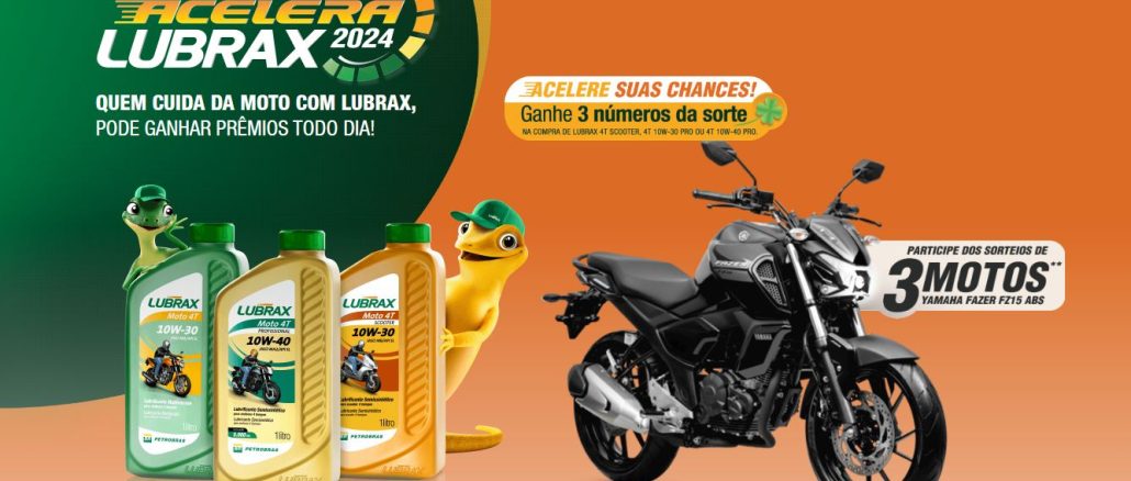 Promoção Acelera Lubrax 2024 Anúncio da promoção Acelera Lubrax 2024, com uma moto Yamaha Fazer F250 ABS preta, garrafas de lubrificante Lubrax e um lagarto sorridente. O texto informa que comprando o lubrificante, você concorre a 3 motos Yamaha e ganha números da sorte para prêmios diários.