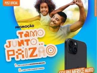Anúncio da Consigáz para a promoção do Dia dos Pais, com um iPhone como prêmio e instruções de como participar.