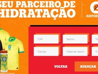 Uma imagem promocional da Gatorade com um formulário de inscrição para concorrer a prêmios. O formulário tem campos para CPF, nome, sobrenome, celular, data de nascimento e CEP. A imagem tem um fundo laranja e amarelo e mostra mochilas, garrafas squeeze e camisetas da seleção brasileira de futebol como prêmios.