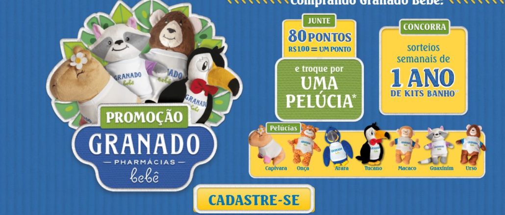 Promoção Granado Bebê Junte Pontos Troque por Pelúcia e Concorra Kits Banho Anúncio da promoção da Granado Bebê com pelúcias de animais da fauna brasileira. Compre produtos Granado Bebê, acumule pontos e troque por uma pelúcia de capivara, onça, arara, tucano, macaco, guaxinim ou urso. Cadastre-se e participe!