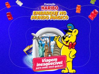 Cartaz com anúncio da Promoção Haribo Embarque no Mundo Mágico com a Mala Recheada de Prêmios.