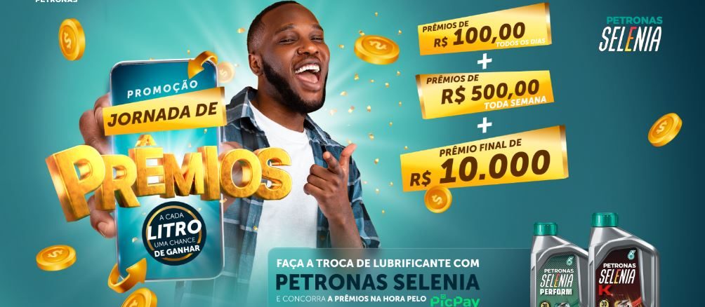 Promoção Jornada de Prêmios Petronas Selenia Anúncio promocional da Petronas Selenia com um carro em movimento e as cores azul e branca. O texto principal diz "Troque e concorra a R$100 todo dia, R$500 toda semana e R$10.000 no fim da promoção".
