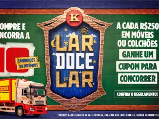 Anúncio da Koerich com um caminhão vermelho carregado de prêmios e o texto "Compre e concorra a 10 caminhões de prêmios. Lar doce lar."