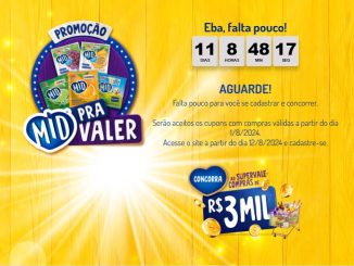 Anúncio da promoção "MID Pra Valer" com um cronômetro indicando a contagem regressiva para o início do cadastro e embalagens de refresco MID em pó.