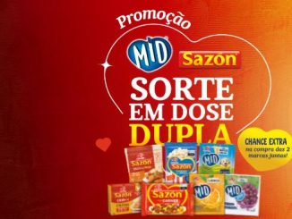 Anúncio da promoção "Sorte em Dose Dupla" da MID e Sazón, com chance extra de ganhar prêmios na compra de produtos das duas marcas em conjunto nos Supermercados Muffato, Rossi, Chama, Negreiros e Ayumi.