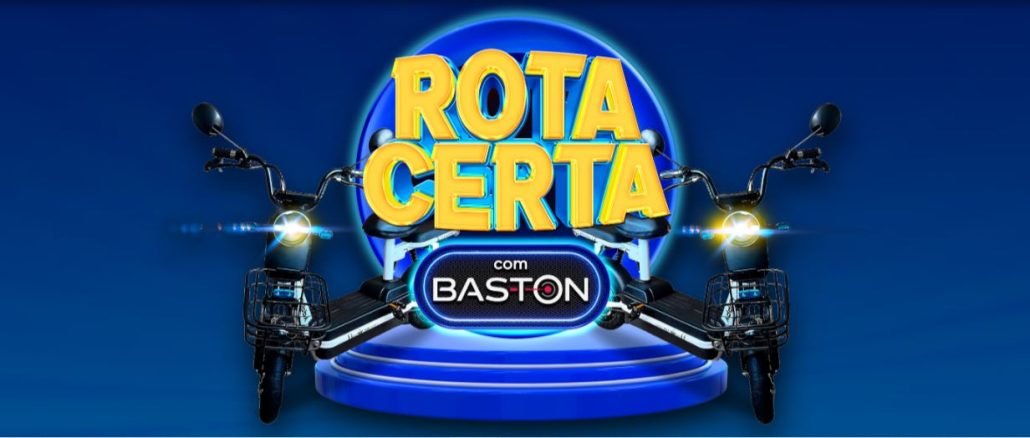 Promoção Rota Certa com Baston e Uber Supermercados de Itajaí SC Uma imagem promocional vibrante anuncia a parceria entre a Baston e o Uber Supermercados de Itajaí, SC. Duas modernas scooters elétricas Baston em amarelo vibrante são o destaque, com a frase "Rota Certa" e o logotipo da Baston em evidência.