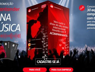 Uma imagem promocional do Santander anuncia 30 experiências completas para shows de artistas internacionais, com tudo pago e acompanhante. Um palco iluminado com um artista se apresentando para uma multidão animada, com o logo do Santander em destaque. Botões de "Cadastre-se já" para pessoas físicas e empresas.