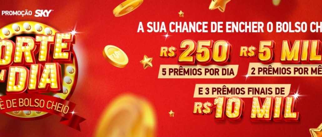 Anúncio da Sky com fundo vermelho e moedas douradas flutuando, promovendo um sorteio com prêmios em dinheiro na Promoção Sky Sorte em Dia Você de Bolso Cheio.