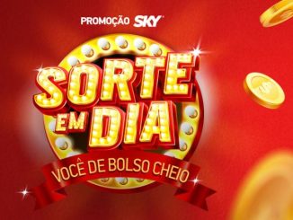 Anúncio da Sky com fundo vermelho e moedas douradas flutuando, promovendo um sorteio com prêmios em dinheiro na Promoção Sky Sorte em Dia Você de Bolso Cheio.