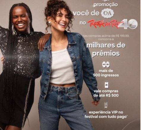 Promoção Você de C&A no Rock in Rio 40 Anúncio promocional da C&A para o Rock in Rio Brasil 2024 com fundo rosa e roxo. O logo da C&A está no canto superior esquerdo e o texto principal diz "Você de C&A no Rock in Rio", com informações sobre a promoção para ganhar ingressos, vale-compras e uma experiência VIP no festival.