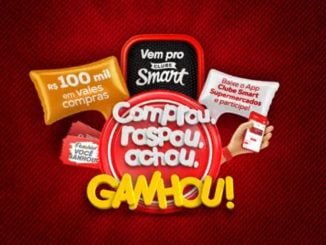 Imagem de um anúncio da promoção do Clube Smart Supermercados, que oferece R$ 100 mil em vales-compra. Para participar, baixe o app e compre para raspar e ganhar.