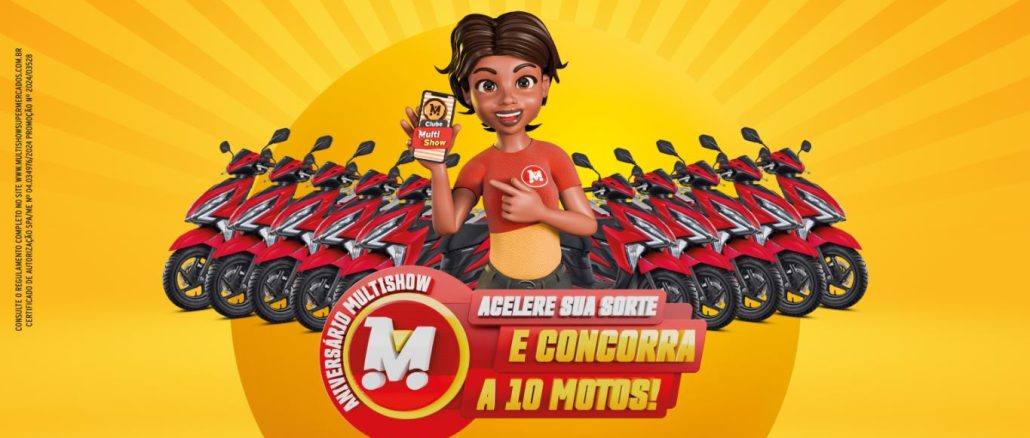 Aniversário Multishow Supermercados Acelere sua Sorte no Espírito Santo Anúncio da promoção de aniversário do Multishow Supermercados. Uma jovem sorridente segura um smartphone com o aplicativo MultiShow aberto. O texto destaca "Quanto mais comprar, mais chances tem de ganhar!" e "ACELERE SUA SORTE". Dez motos Honda Biz 125 0km são exibidas como prêmio.