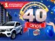 A imagem promocional celebra o 40º aniversário da Rede Krill Supermercados. No centro, o número "40 anos" é destacado em um emblema dourado e azul, cercado por balões e fitas. À esquerda, um edifício residencial representa o prêmio de um apartamento com dois quartos. Na frente, um carro Fiat Mobi branco simboliza os dez veículos que serão sorteados. À direita, uma mulher sorridente gesticula, complementando o tema festivo. O logotipo da Rede Krill está posicionado abaixo do número 40.