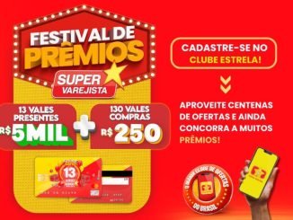 Banner promocional em amarelo e laranja vibrante celebrando o 13º aniversário de um Supervarejista. O número 13 em destaque, balões e a frase "Festival de Prêmios" chamam a atenção. São oferecidos 13 vales-presentes, 130 vales-compras, R$ 5 mil e R$ 250 em prêmios. Há um convite para se cadastrar no Clube Estrela, identificar o cupom no caixa e baixar o app. Um cartão do Clube Estrela e um QR Code também estão presentes.