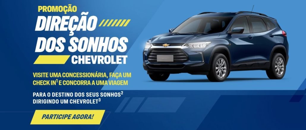 Concorra Viagem na Promoção Direção dos Sonhos Concessionárias GM Chevrolet A imagem promocional da Chevrolet destaca a "Promoção Direção dos Sonhos". À esquerda, o texto em letras grandes e chamativas diz: "Promoção Direção dos Sonhos Chevrolet". Abaixo, há instruções para participar: "Visite uma concessionária, faça um check-in e concorra a uma viagem para o destino dos seus sonhos dirigindo um Chevrolet". À direita, um carro Chevrolet azul escuro está em destaque. Na parte inferior, um botão amarelo diz "Participe agora!".